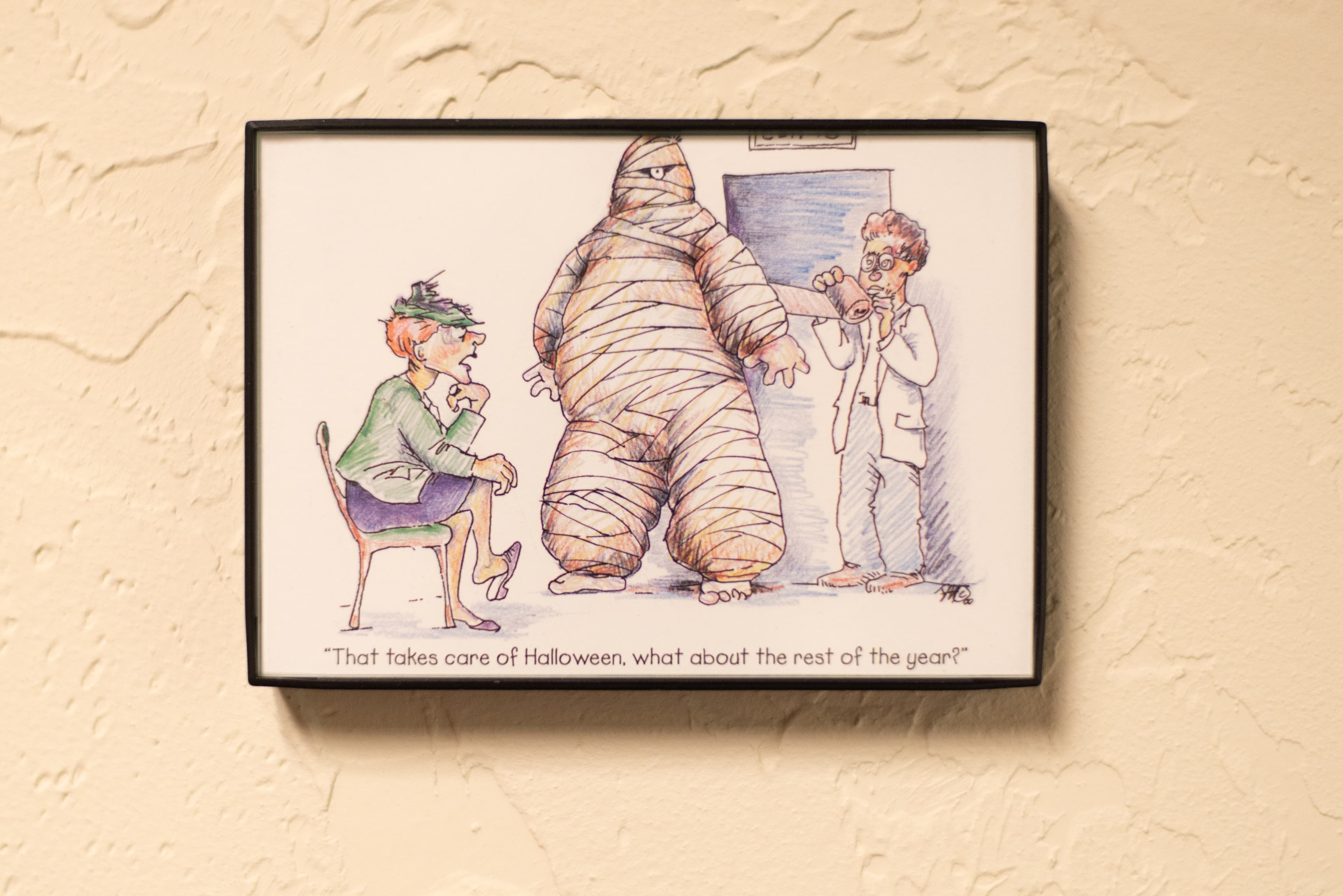 Photo of a framed comic depicting a person wrapped head-to-toe in thick bandages, with their partner chiding "That takes care of Halloween, what about the rest of the year?"