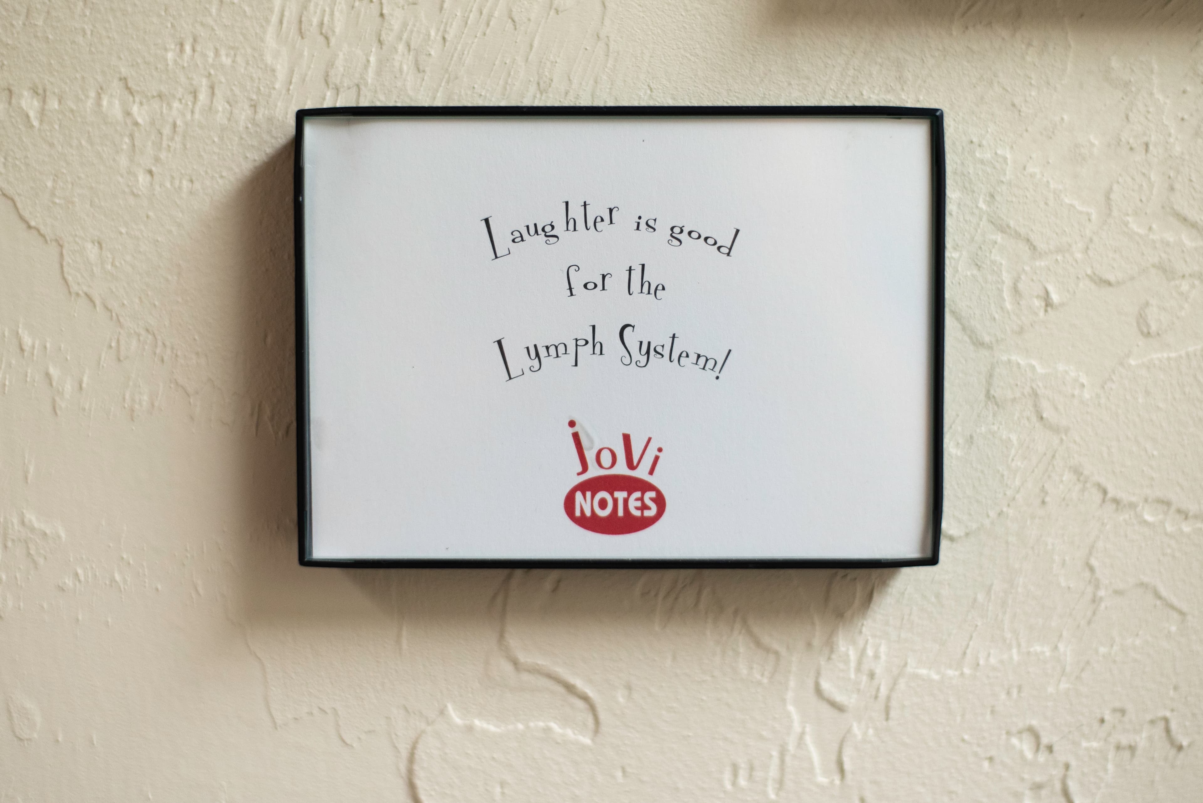 Photo of a framed comic reading "Laughter is good for the Lymph System! - jovi notes"